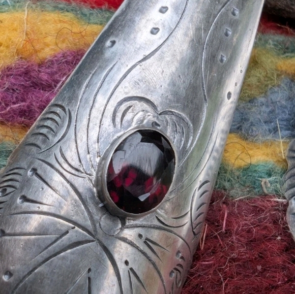 Vintage Native American Handcrafted Sterling Silver Garnet Earrings 3" - Picture 4 of 10